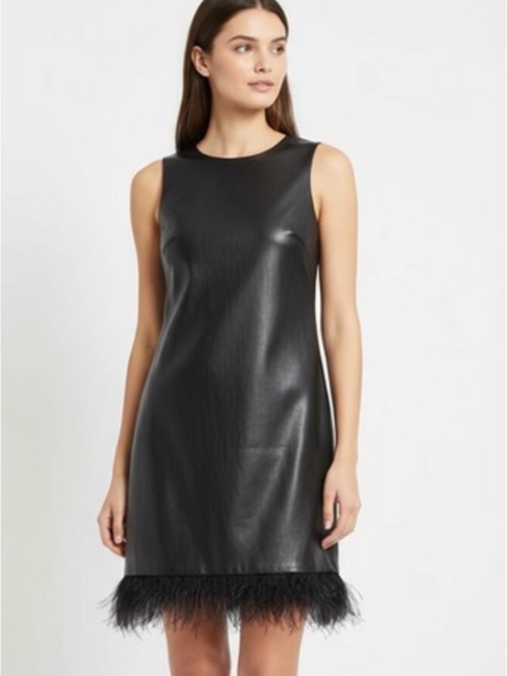 For Cynthia Black Faux-Leather Mini Dress with Feather Hem